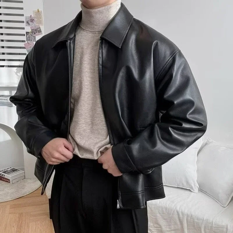 

Motorcycle Men's Leather Jacket Coat Fashion Lapel Collar Zip-up Leather PU Jackets Men Winter Outdoor Leather Coat Streetwear