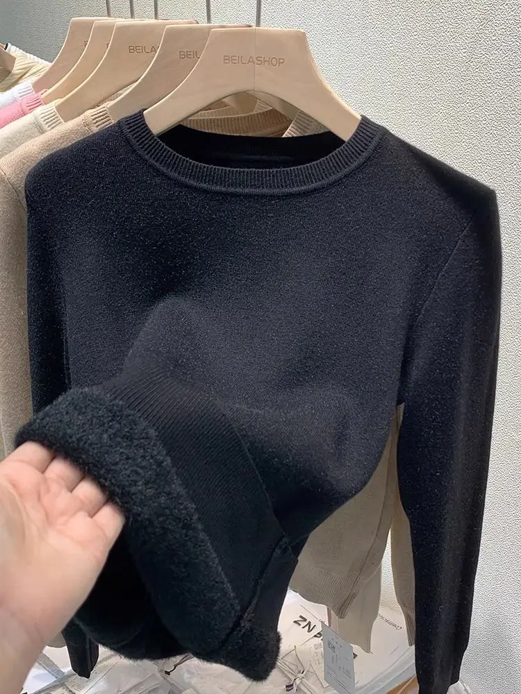

Women's O-neck Plus Velvet Thicken Sweaters Winter Slim Warm Long Sleeve Knitted Tops Casual Plush Fleece Lined Soft Pullover