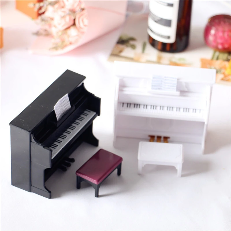 Mini Piano Triângulo De Madeira Com Fezes, Casa De Boneca Decoração, Instrumento De Simulação, Mini Acessórios, Toy Modelo, 1:12