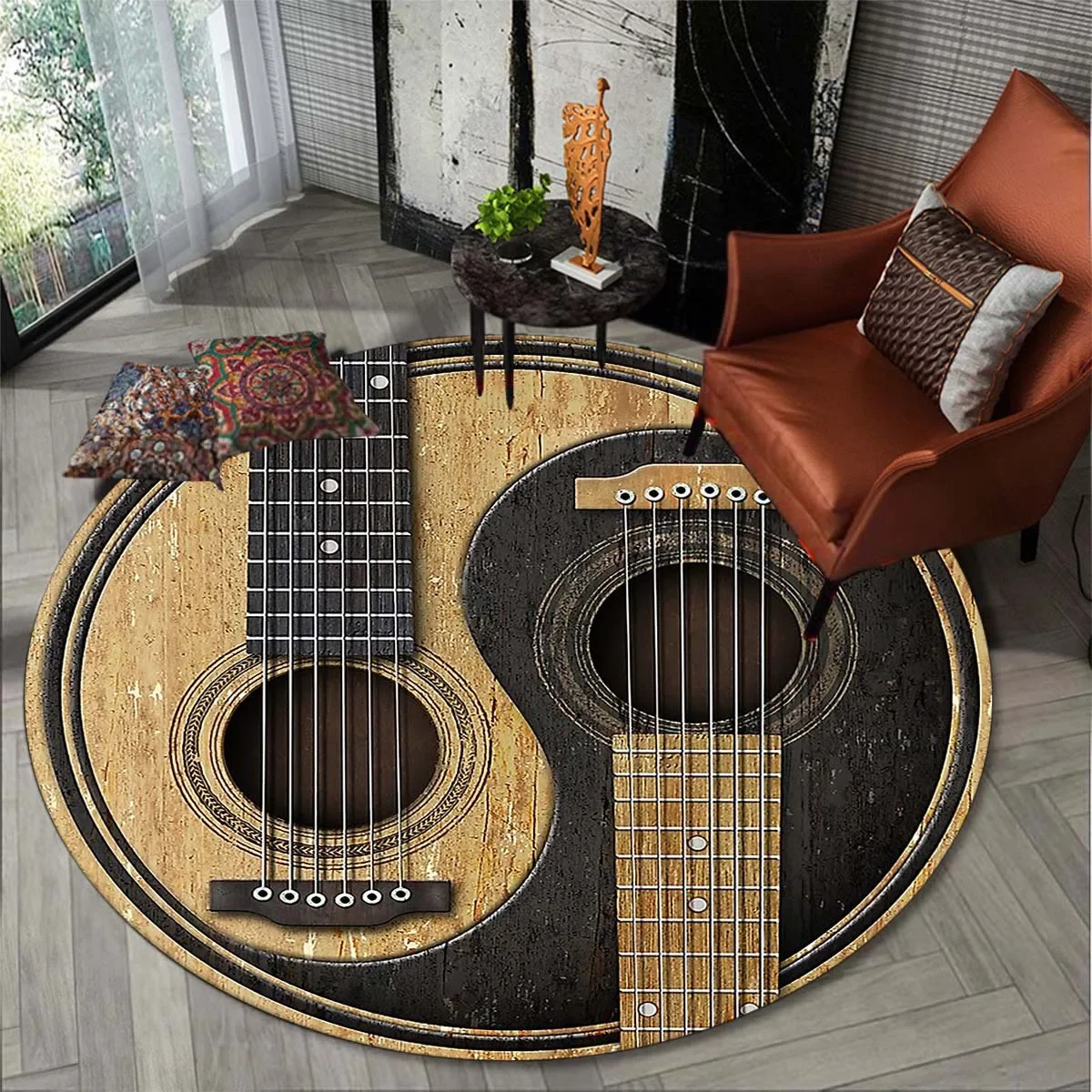 Music Studio Guitar Pattern Round Carpet Living Room Bedroom Entrance Door Mat Non-slip Machine Washable Toilet Bath Rugs Decor