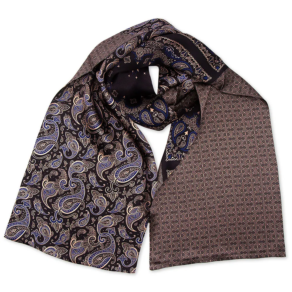 Men's 100% Pure Silk Scarf Double Layer Long Paisley Shawl Classic Print Blue Neck Scarf for Gentlemen, Wear on Suit & Attire