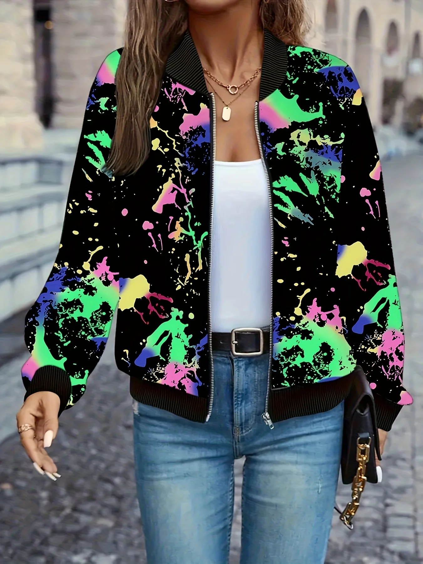 여성용 3D 프린트 재킷, 다채로운 패턴 디자인, 캐주얼 지퍼업 코트, 봄 가을 패션 아우터웨어