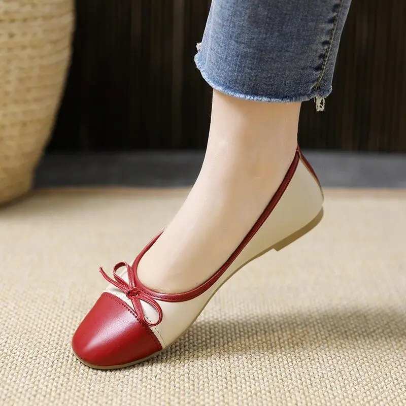 Shoes for Women 2024 Round Toe Cute Low Heel Elegant Ladies Summer Footwear White Red with Bow Moccasins Kawaii Korean Style E