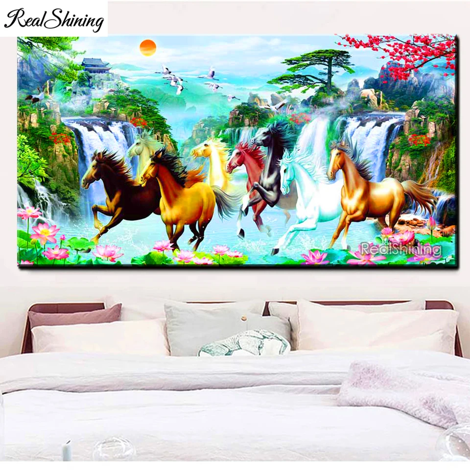 Diy Diamond Painting Eight Running Horses Rhinestones Mosaic Full Diamond Embroidery Waterfall Fengshui Landscape Art T1575