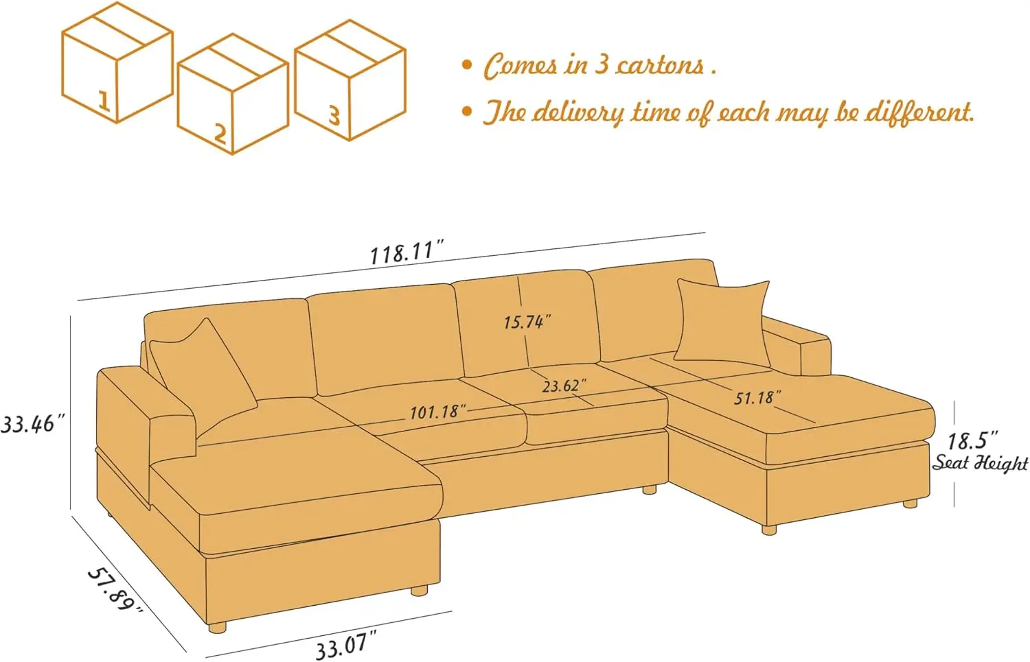 118'' U Shaped Sectional Sofa Couch, Corduroy Fabric Modern Cozy Jumbo Size 4-Seater Living Room Couch, Double Chaise Longue,