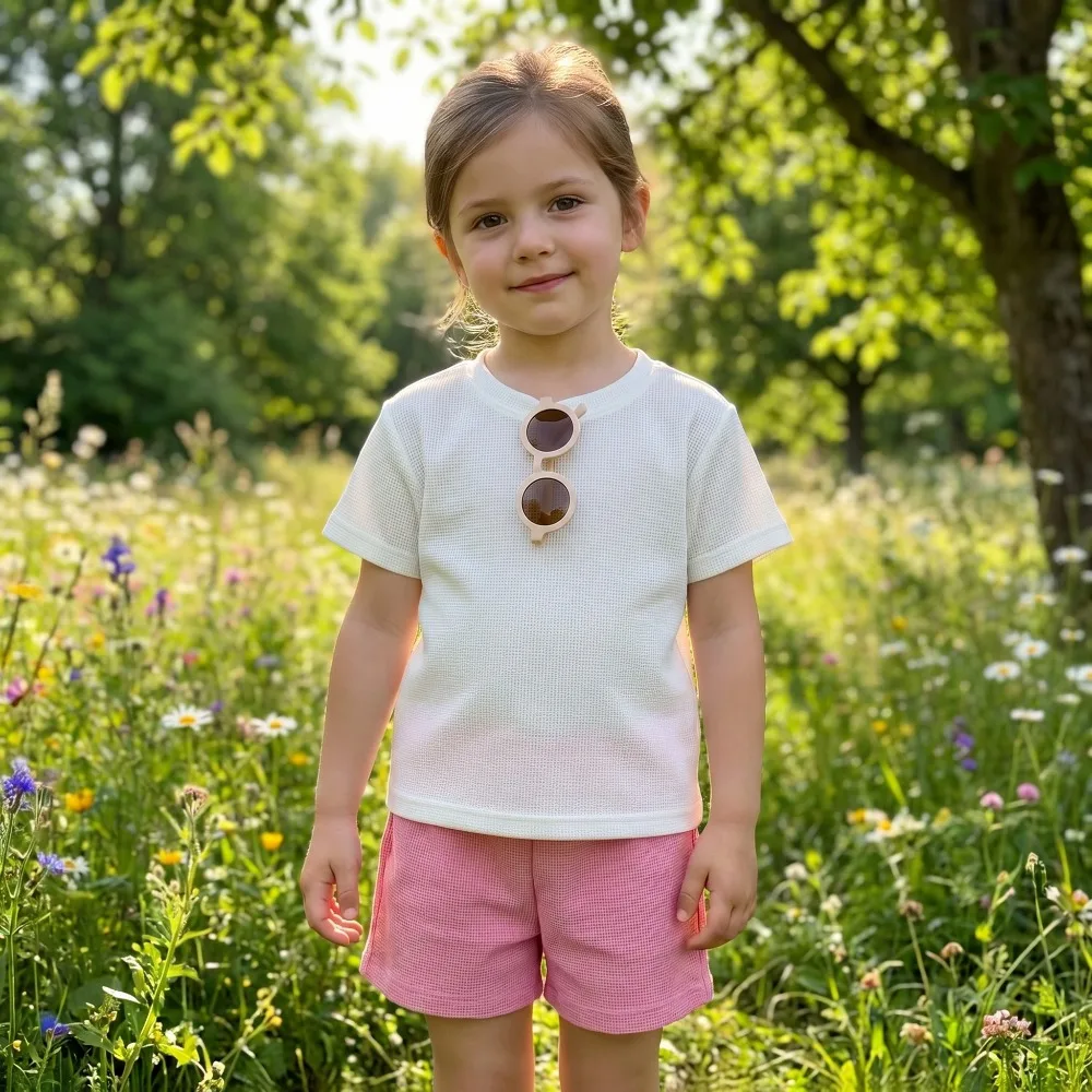 2026 Summer Boys and Girls Fashion T Shirt Shorts Two Piece Sets Breathable Waffle Sport Clothes Suit for Kids 3-12years Outfits