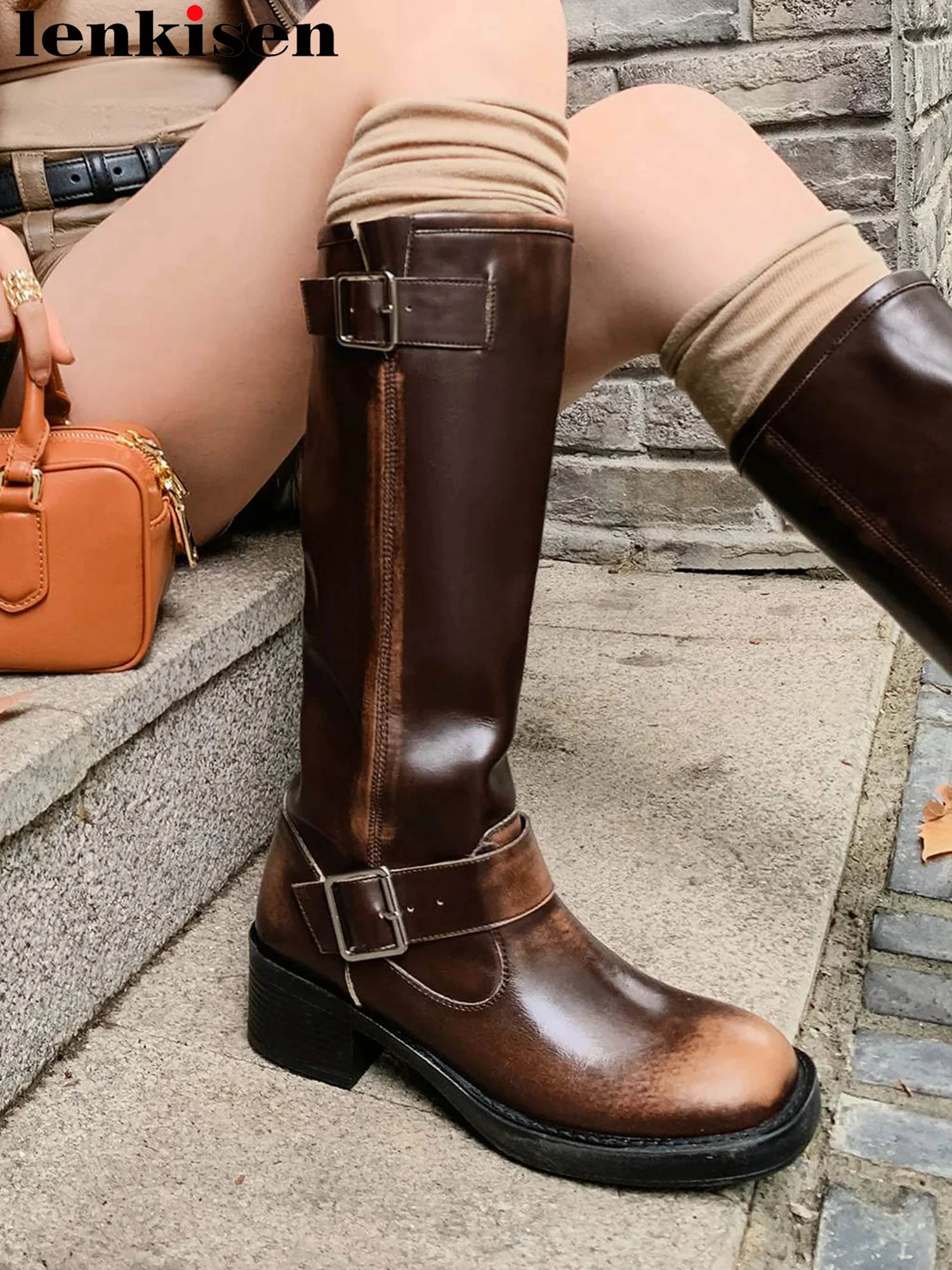 

Lenkisen Vintage Cow Leather Thick Med Heels Riding Boots Casual Winter Autumn Shoes Belt Buckle Platform Women Thigh High Boots