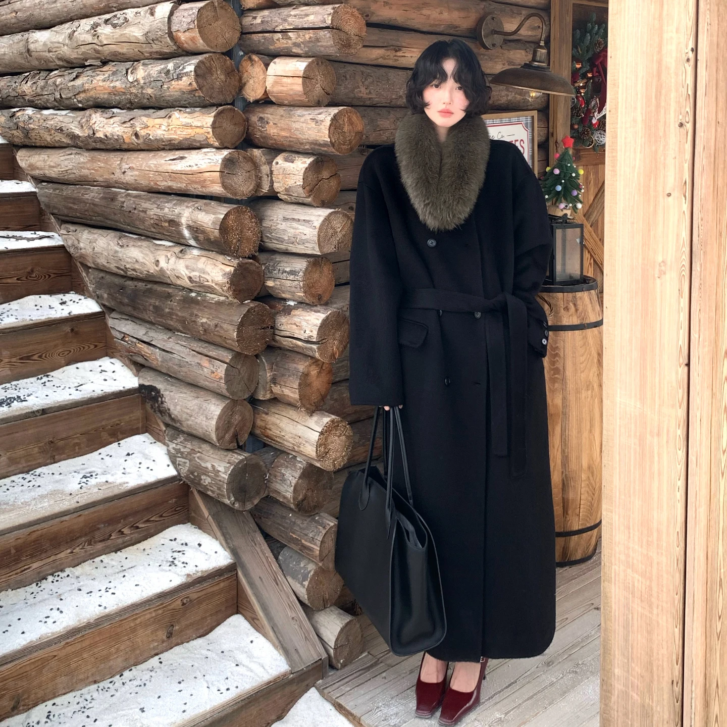 Elegant Vintage Long Double-Faced Woolen Coat Stylish Business Women's Outerwear Warm Polyester Fiber Open-Style Coat