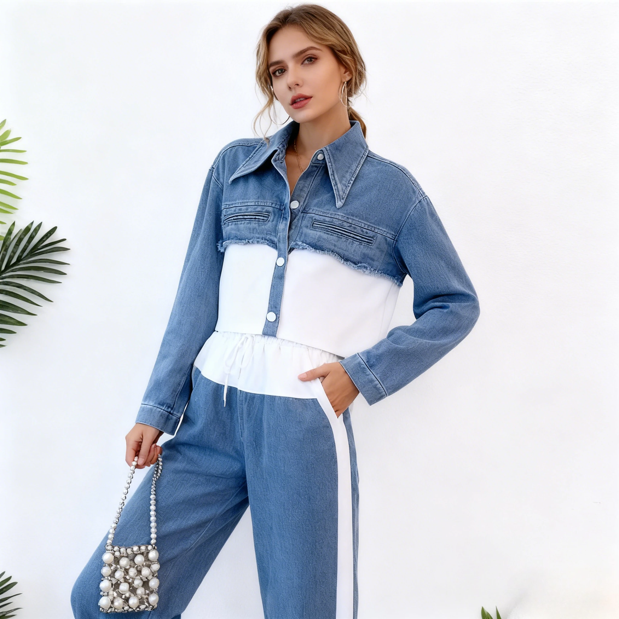 الدنيم قطعتين مجموعات النساء مجموعة بناطيل رجالي Y2k مطابقة مجموعات الربيع أعلى واسعة الساق السراويل الطويلة عارضة السائق الدانتيل يصل عالية الخصر عداء ببطء