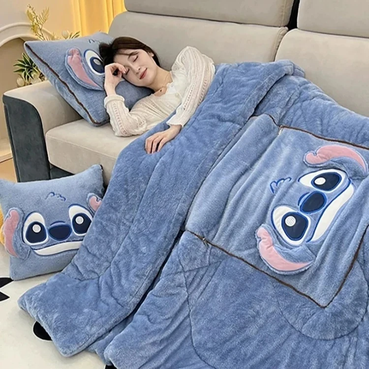 New Disney Stitch Throw Pillow Blankets Two In One Xmas Flannel Thickened Nap Blanket Living Room Kids Bedroom Decoration Gift