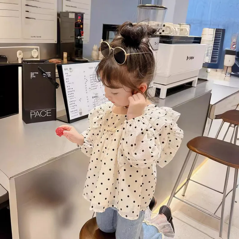 

Autumn New Children's Clothing Girls' Polka Dot Doll Top with Lace Trim Denim Pants Set