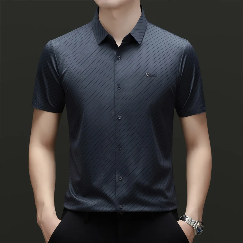 Camisas Rayadas Casuales de Fácil Cuidado para Hombre, Manga Corta, Súper Sedosas, Frescas para Verano, Suavidad de Calidad, Sin Costuras, Elásticas, Camisas de Hombre