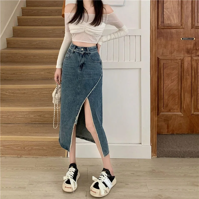 

Джинсовая юбка с асимметричным разрезом и высокой талией, юбка трапециевидной формы средней длины для женщин, летняя коллекция для поездок на работу