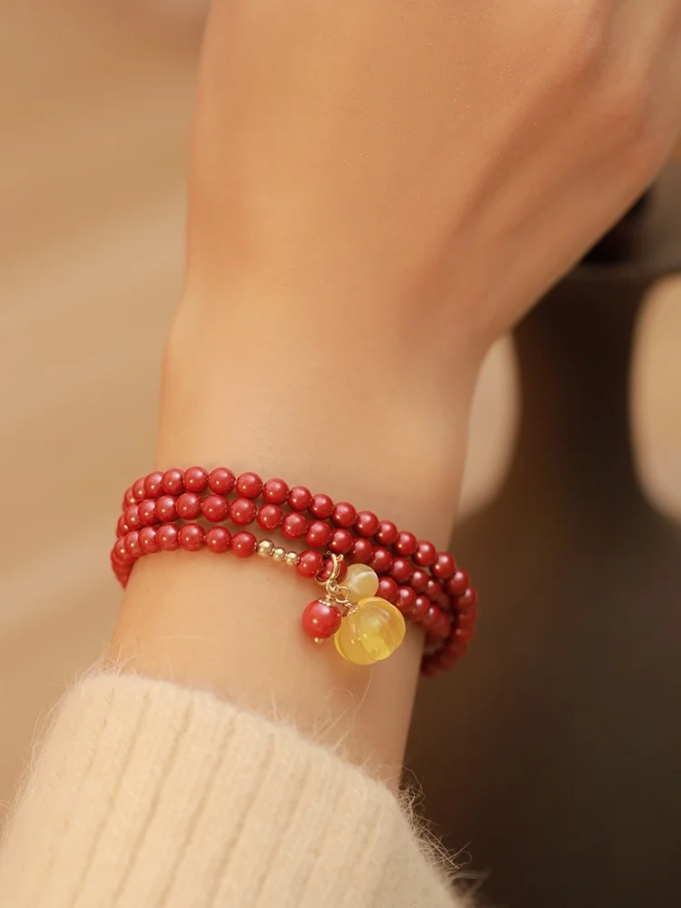 Natural Raw Cinnabar Imperial Sand Bracelet Multi circle Fine Ethnic Style Pumpkin Beeswax Bracelet for Women