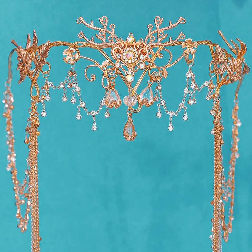 Exotic Elf Princess Hair Accessories Crystal Beads Long Chain Tassel Crown Tiara for Bride Wedding Headdress image 3