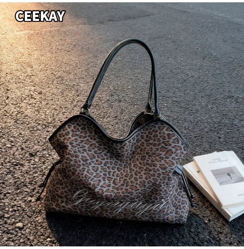 CEEKAY Women's Tote Bag Leopard Print Large Shoulder Handbag Letter Embroidery Black Handle Daily Commute Casual Vintage