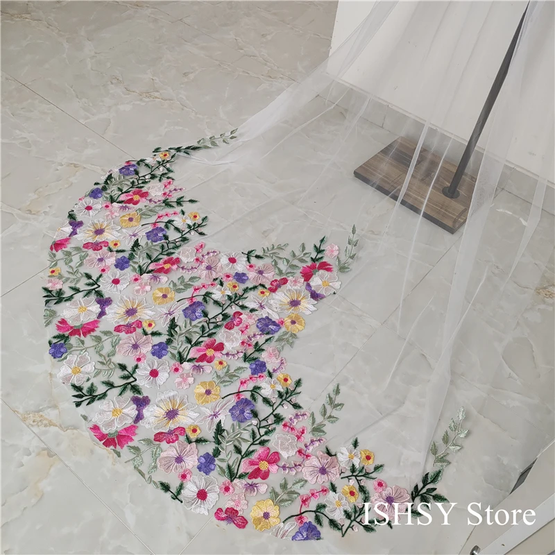 3-d-flowers-colorful-floral-wedding-bridal-veils-green-yellow-pink-purple-leaves-cathedral-white-ivory-tulle-for-brides-unique