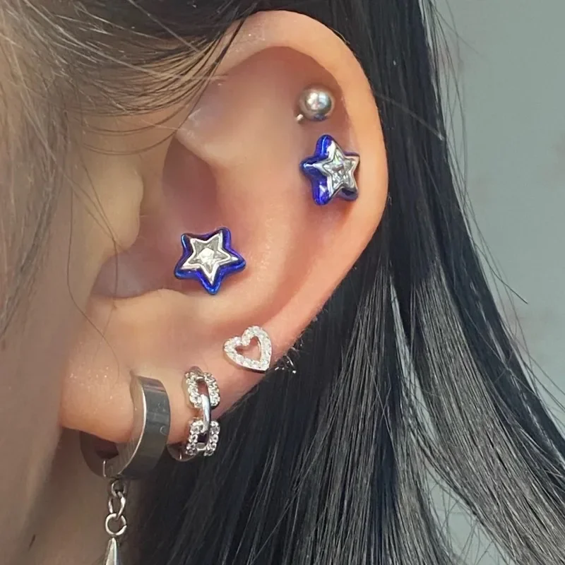 Blue Crystal Star Stud Earrings for Women Girl 2PCS Cool Sweet Aesthetic Pentagram Mini Earrings Fashion Y2k Trendy Jewelry Gift