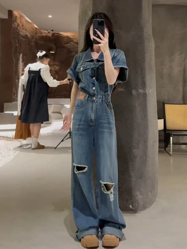 

Retro American Denim Jumpsuit Women's Summer New Design Sense Hole Waist Wide Leg One-Piece Suit ort Sve High Waist