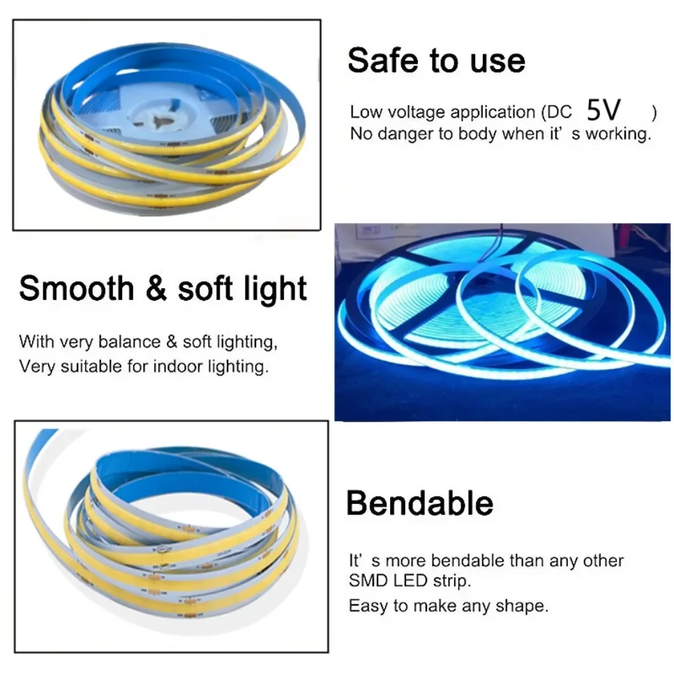 Bande lumineuse LED USB à intensité variable, capteur tactile COB, rétroéclairage miroir TV bricolage, éclairage de nuit de cuisine et de chambre, 5m, 5V, 320 gible/m