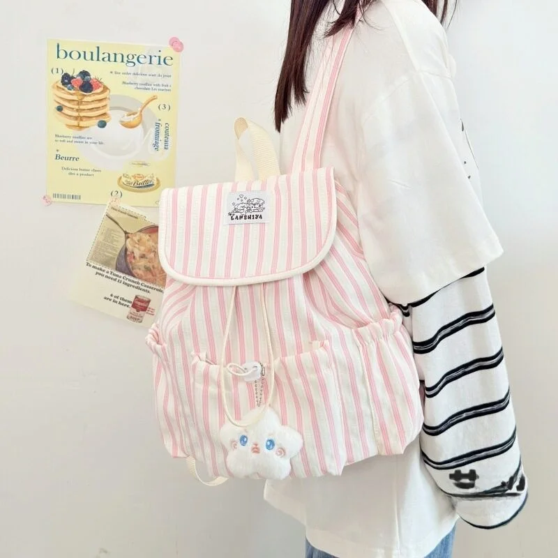 Large Capacity Striped Drawstring School Backpack Korean Version  Girl's Backpack Double Shoulder Bag for Class And Campus