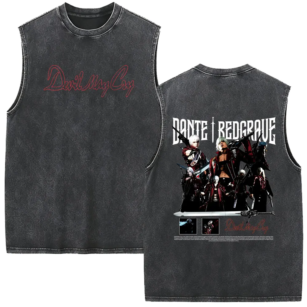 Devil May Cry Dante Washed Vintage Tank Tops Men Women Game Retro Oversized Sleeveless Vest Men's Fashion High Quality T-shirt