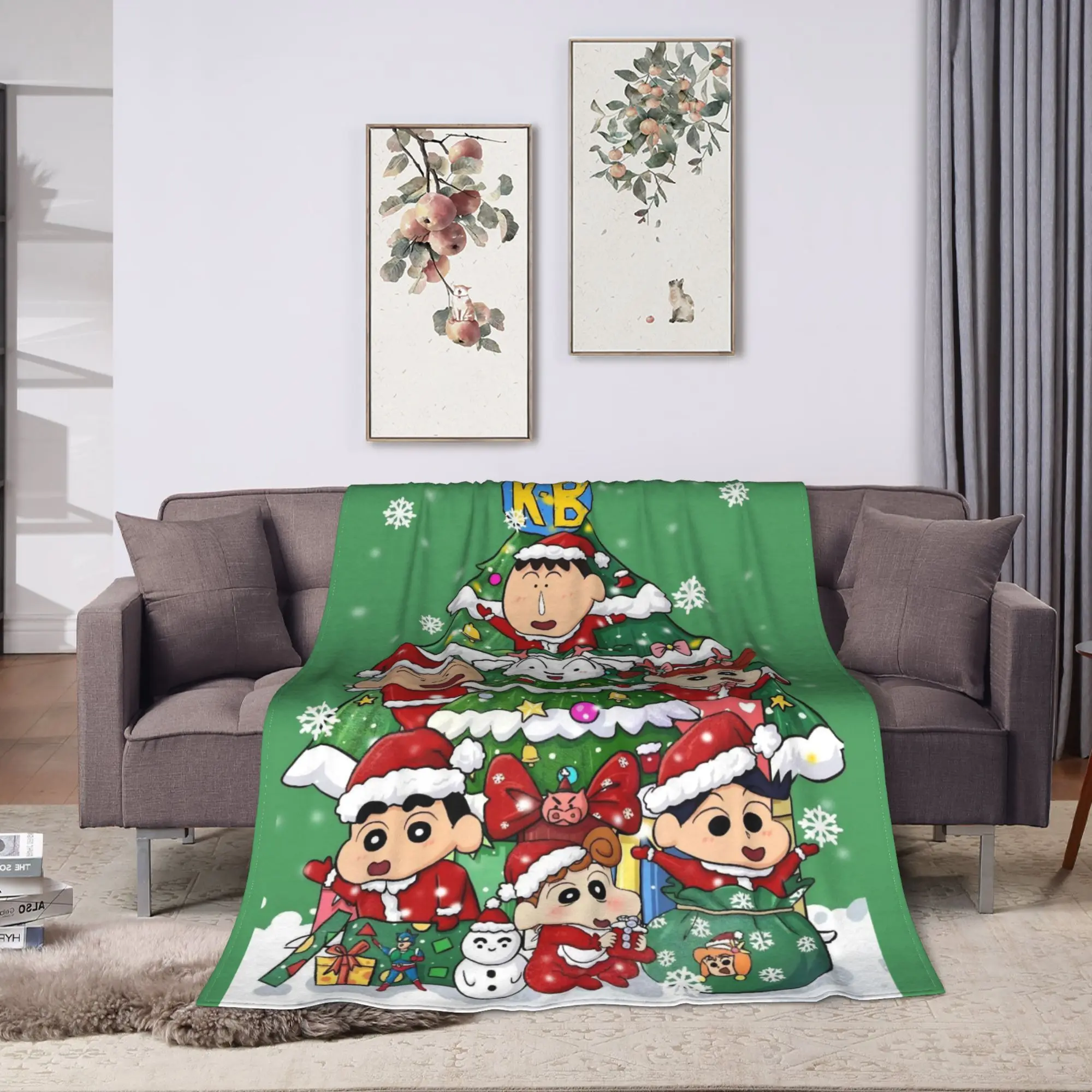 Crayon Shin-chan joyfully dress up the Christmas tree Blanket  Travel Flannel Throw Blanket For Living Room Warm Bedspread Gift