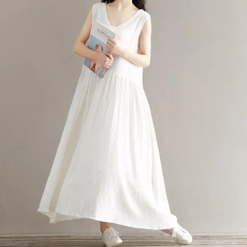 2025 الصيف الخريف طويل ماكسي القطن فساتين كتان الخامس الرقبة سترة فستان فضفاض Vestidos حجم كبير المرأة فستان أنيق عتيق غير رسمي