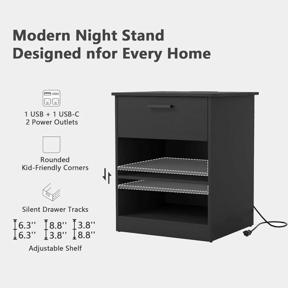Contemporary Charging Nightstand with USB-C Ports and Power Outlets, Spacious Drawer Side Table for Bedside Use
