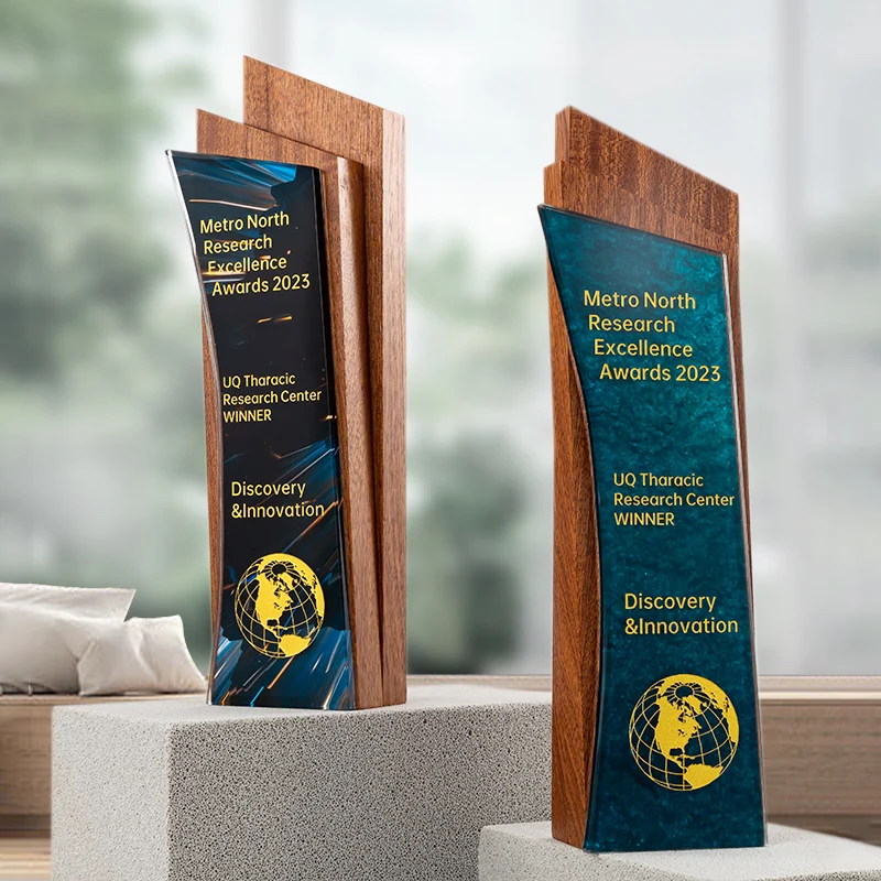 Trofeo corporativo personalizado de roble y vidrio, placa de reconocimiento a empleados grabada a medida, regalo por logros de liderazgo