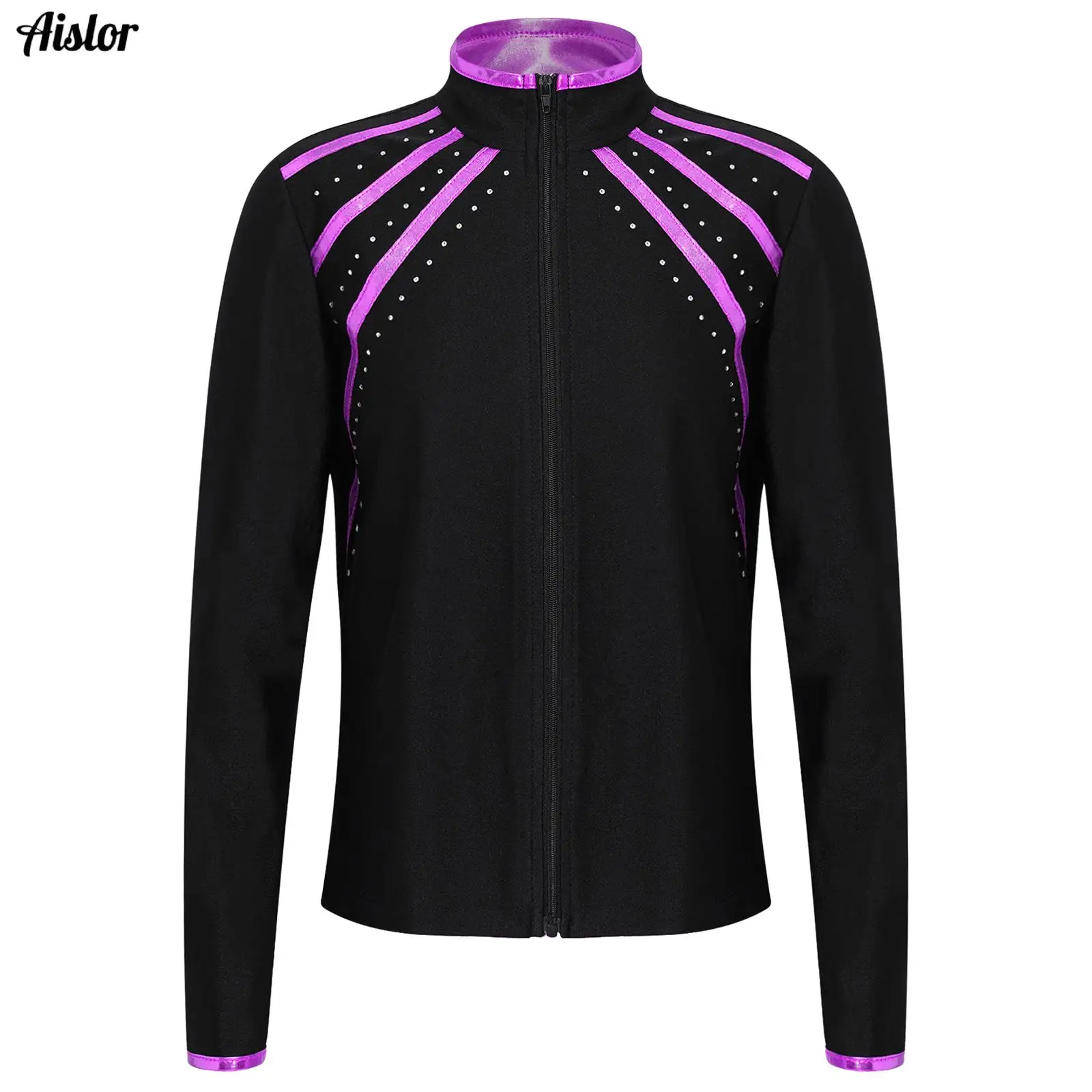 

Kids Girls Jacket Sweatshirt Figure Skating Gymnastics Workout Costume Shiny Rhinestones Metallic Striped Long Sleeve Zipper Top
