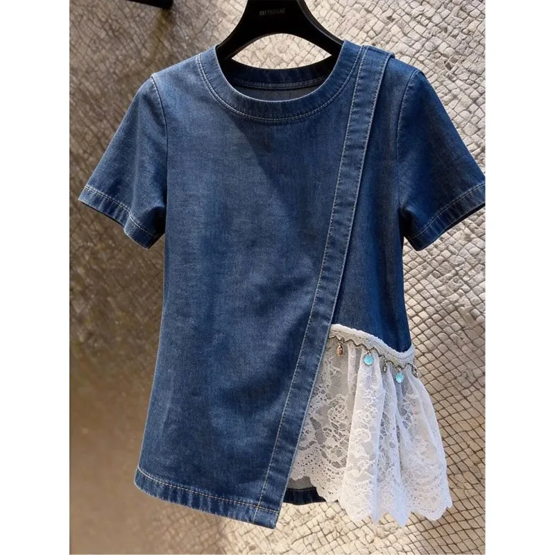 Women Denim Short Sleeve Top Lace Splicing Split Blouse Round Neck Casual Inner Shirt