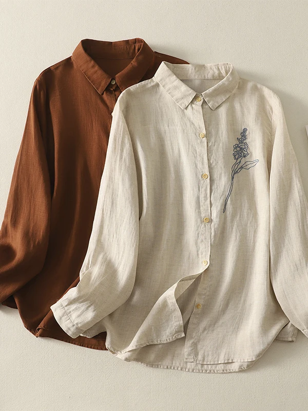 

Artistic Versatile Long Sve Double Layer Cotton irt Loose Fit Embroidered Single Button Women's Top for Spring Autumn