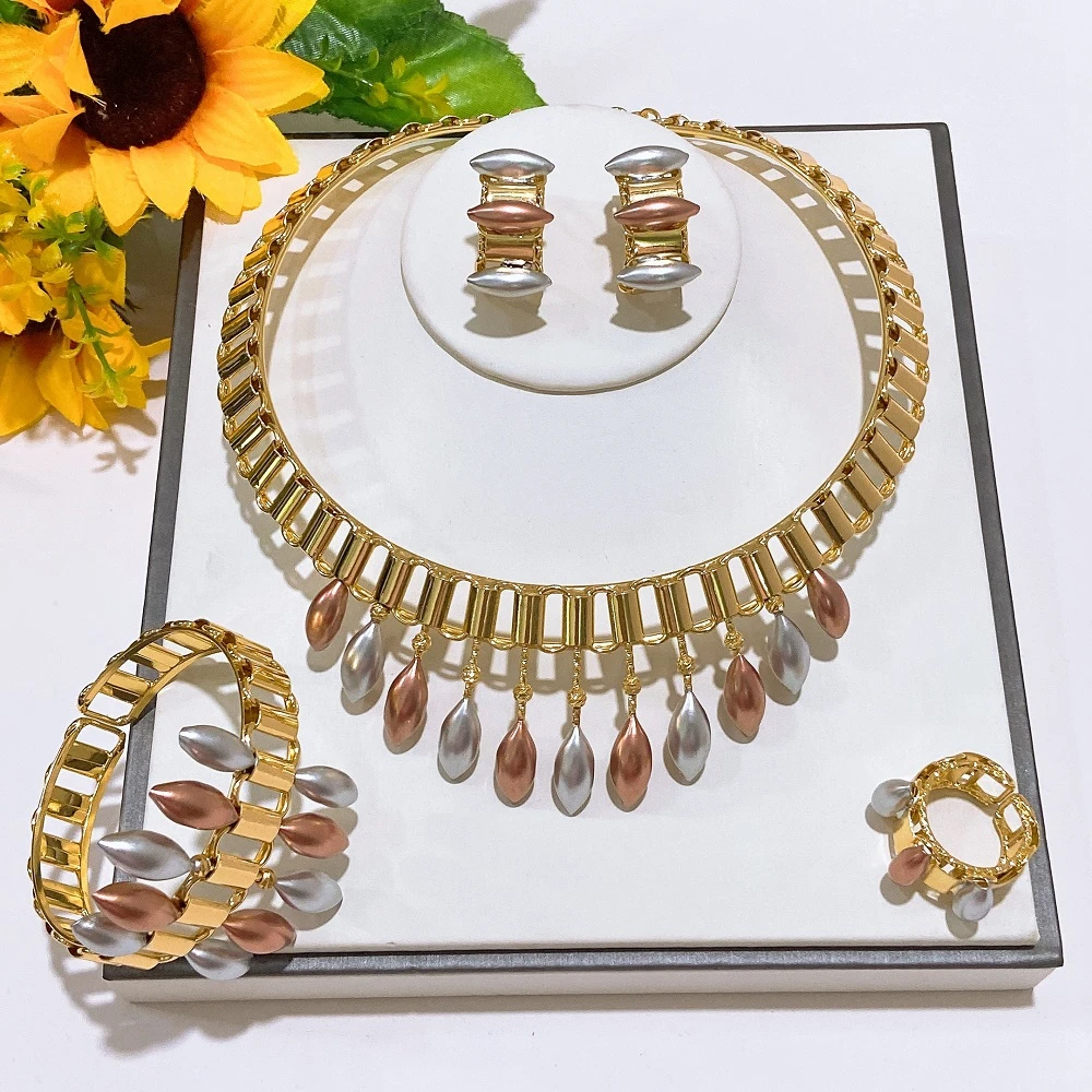 African Brazil Gold Plated Jewelry Set Tri‑Color Choker Necklace Bracelet Hoop Earrings Adjustable Ring Ladies Fashion Ornament