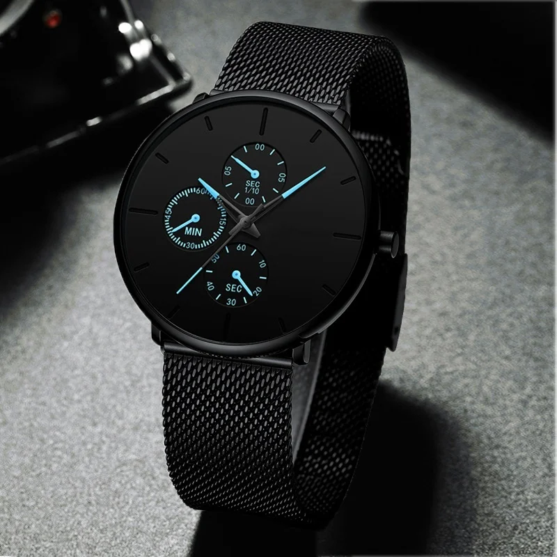 Fashion Mens Business Black Watches Luxury Stainless Steel Ultra Thin Mesh Belt orologio da polso da uomo al quarzo Casual Classic orologio da uomo