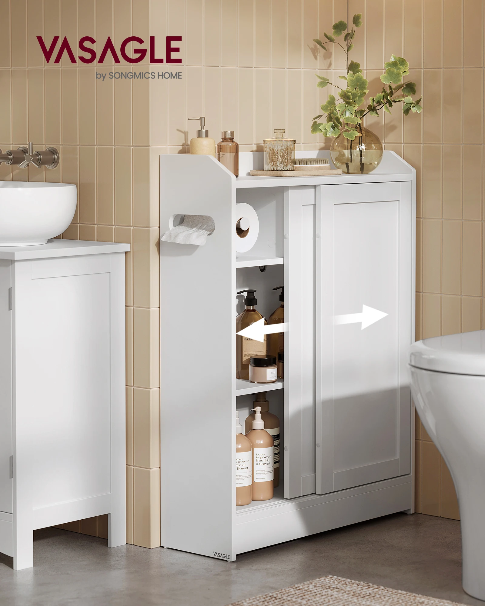 

VASAGLE Narrow Storage Cabinet, Slim Floor Cabinet with Sliding Doors, Toilet Paper Holder and Brush Compartment, for Bathroom