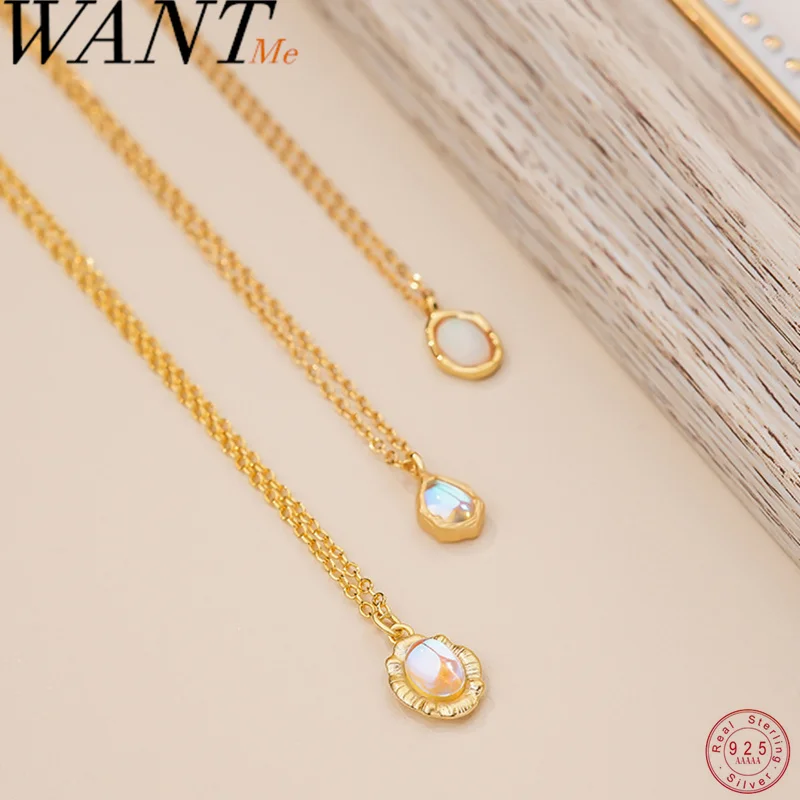 

WANTME 925 Sterling Silver Statement Plated Gold Oval Opal Moonstone Pendant Charm Necklace for Women Fashion Clavicle Jewelry