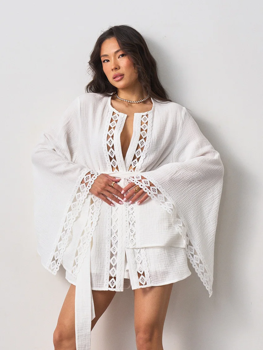 

Marthaqiqi Casual Female Pajamas Suit Long Sleeve Robe Sexy V-Neck Sleepwear Lace Up Nightgown Shorts Cotton Women Nightwear Set