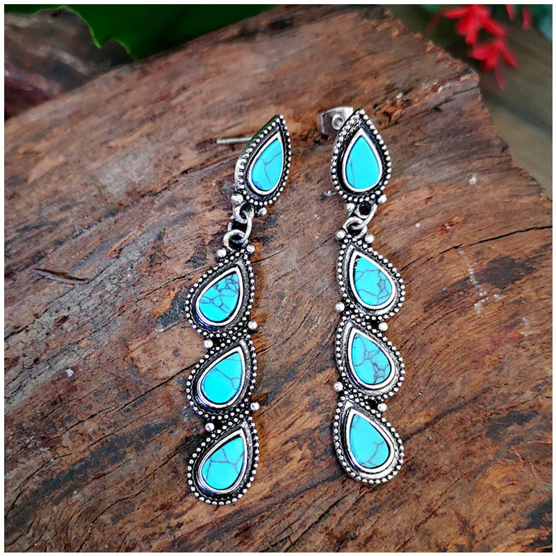 Boho Dangle Earrings for Women Vintage Turquoise Drop Earrings Ethnic Retro Pendant Ear Hook Beach Party Jewelry Gift