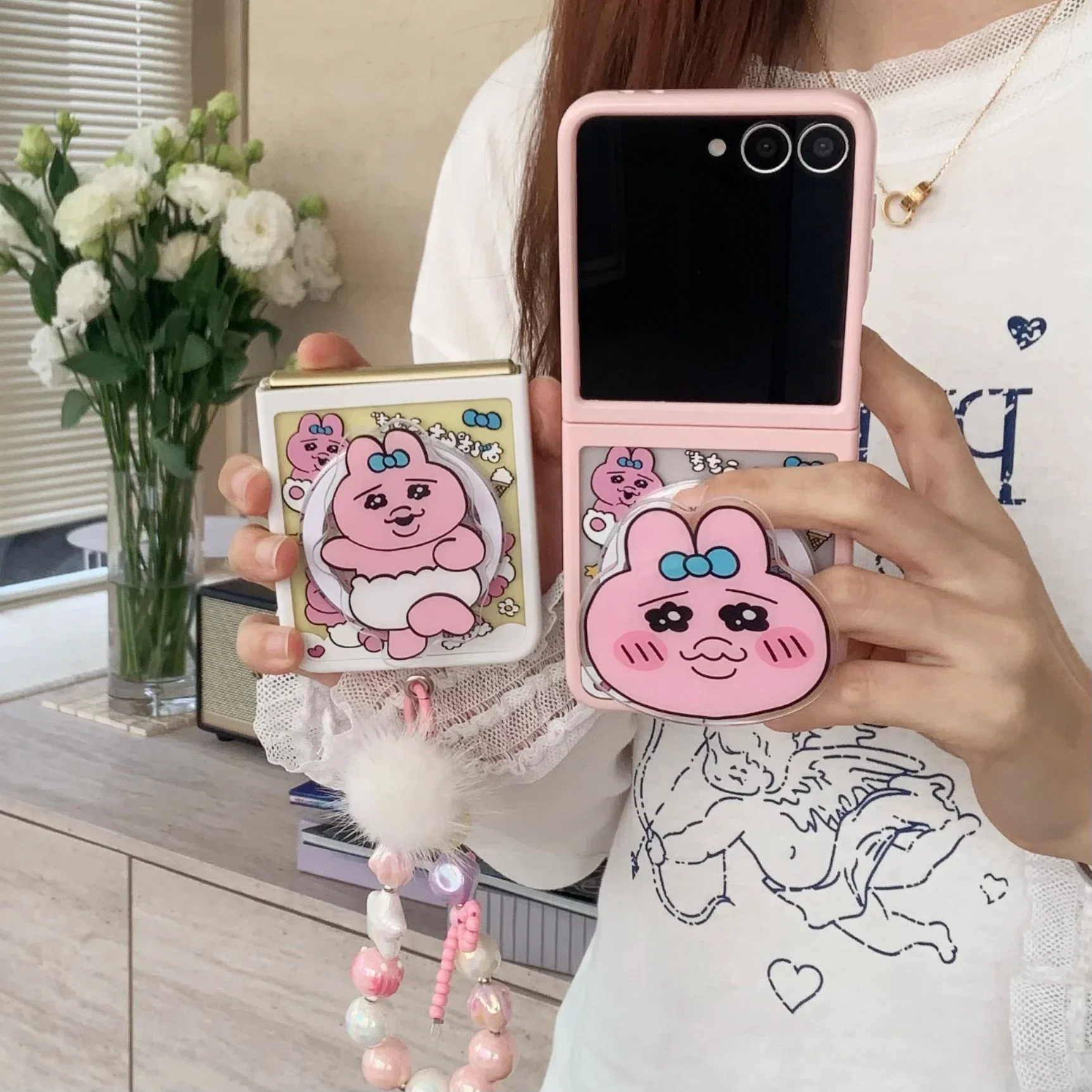 Funny Cute Pink Rabbit With Widgets Magsafe Magnetic Bracket Phone Case for Samsung Galaxy Z Flip 5 6 5G PC Anti-drop Back Cover