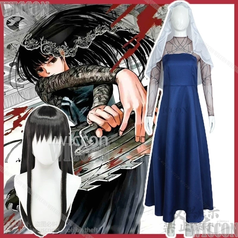 Osaragi novo anime sakamoto dias cosplay traje vestido azul lolita véu branco longo peruca preta feminino halloween natal personalizado