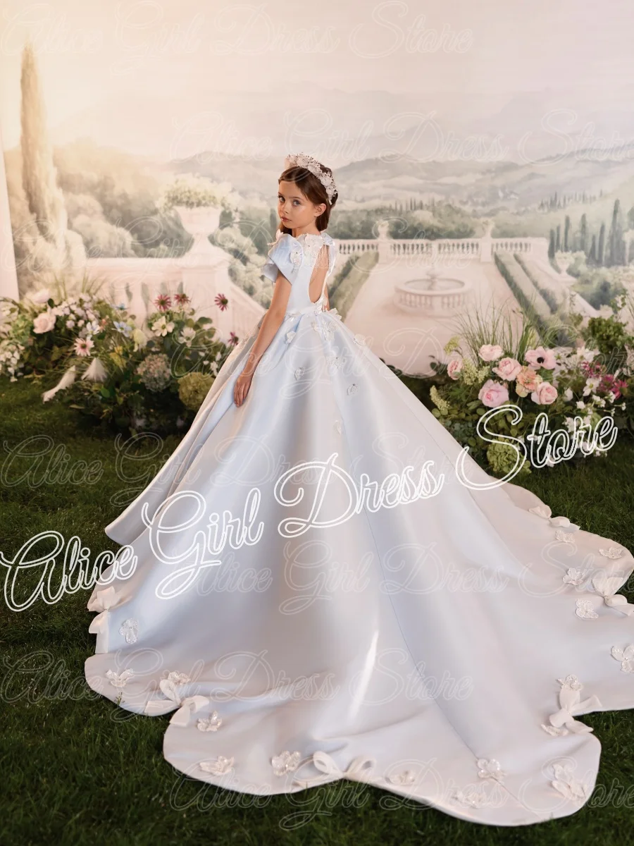 Customized Blue Lace Appliques Flower Girl Dresses for Wedding with Trail Beaded First Communion Kids Birthday Party Ball Gown