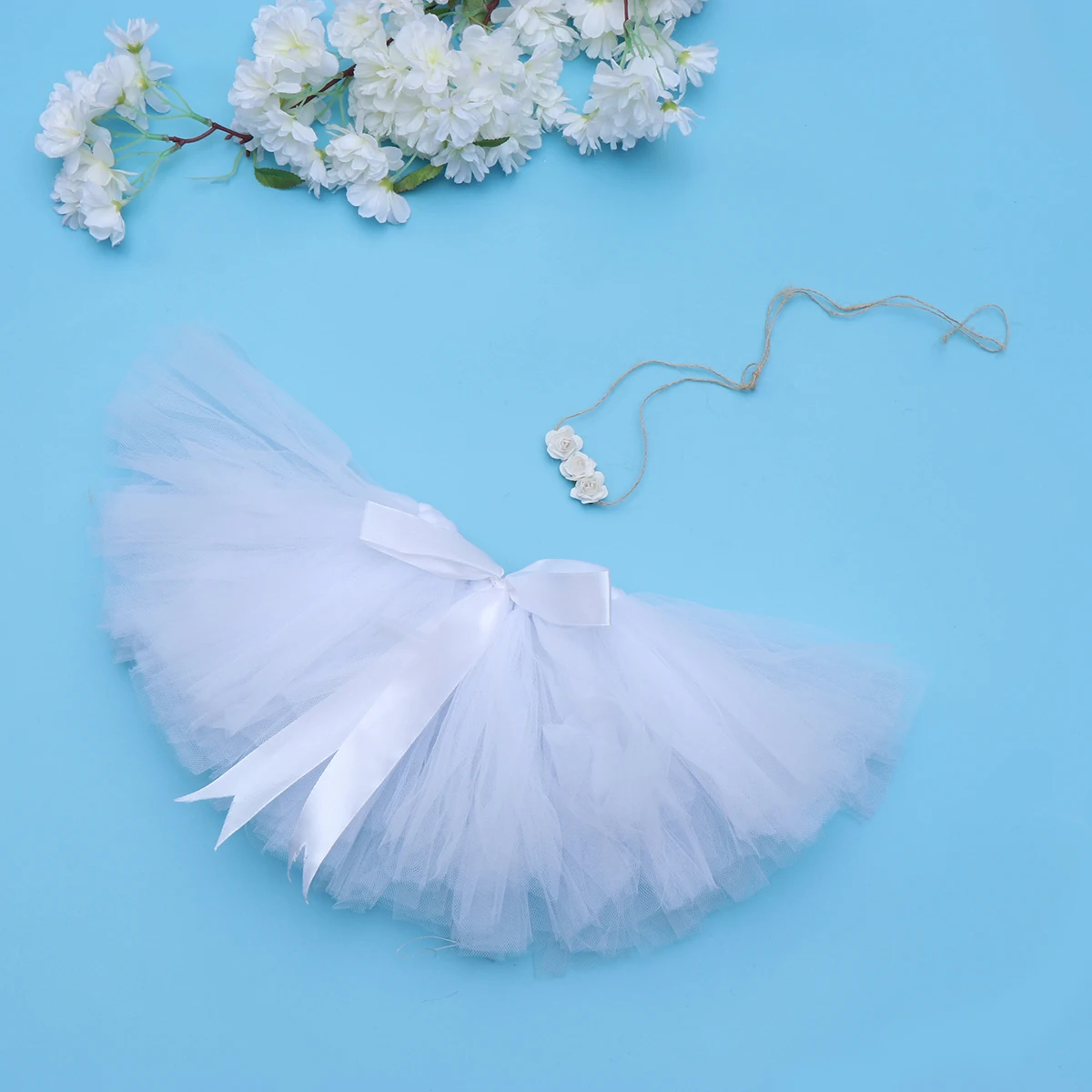 

Infant White Tutu Skirt Baby Photography Bow-Knot Dress Mesh Skirt Floral Headband Newborn Outfit Baby Photography Prop