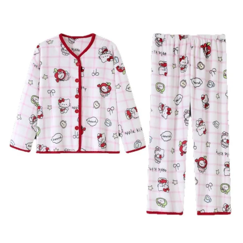Anime Hello Kitty Pyjama und Pyjama aus weichem Flanell, Kawaii verdickte warme und bequeme Paar-Hauskleidung, Weihnachtsgeschenke