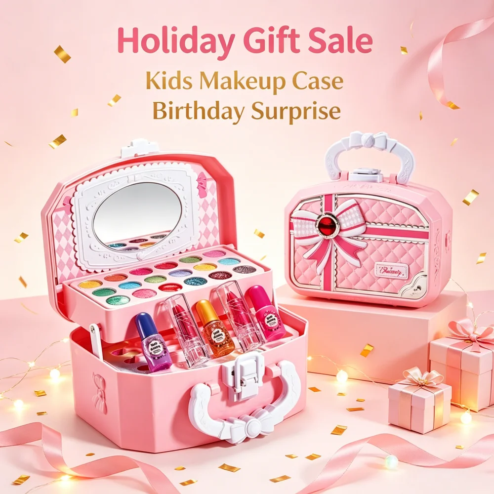 Kids Pretend Makeup Kit for Girls, Washable Non-Toxic Cosmetic Toy Set with Mirror & Nail Polish, Portable Beauty Handbag Case, Princess Dress Up Birthday Gift