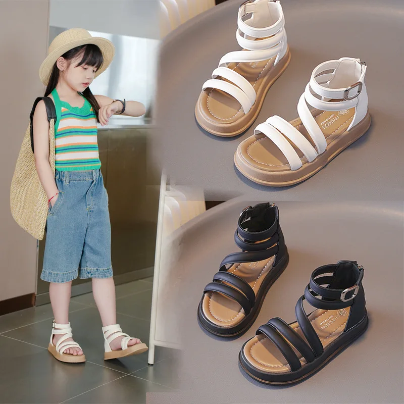 

New 26-37 2025 Children's Sandals for Girls Shoes for Kids Gladiator Summer Soft Flat Heels Beach Princess Fashion Non-slip Shoe