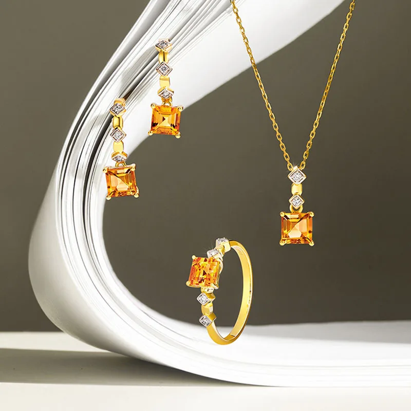 Citrine zircon square necklace special-interest design yellow gem 925 sterling silver plated 18K gold pendant Noble