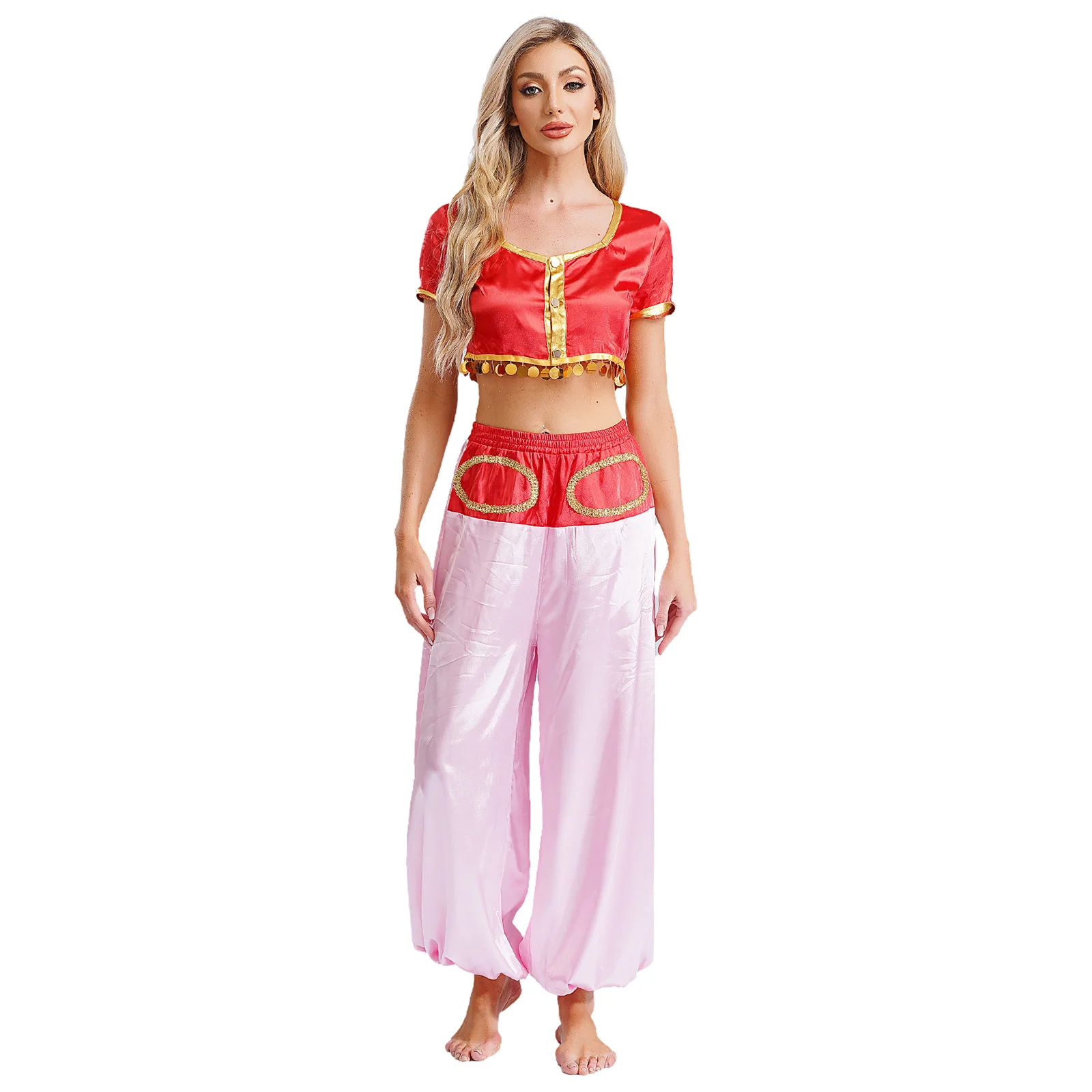 

Adult Women Arabian Elf Cosplay Costume Short Sleeve Square Neck Button Down Crop Top with Elastic Waistband Bloomers Pants Set