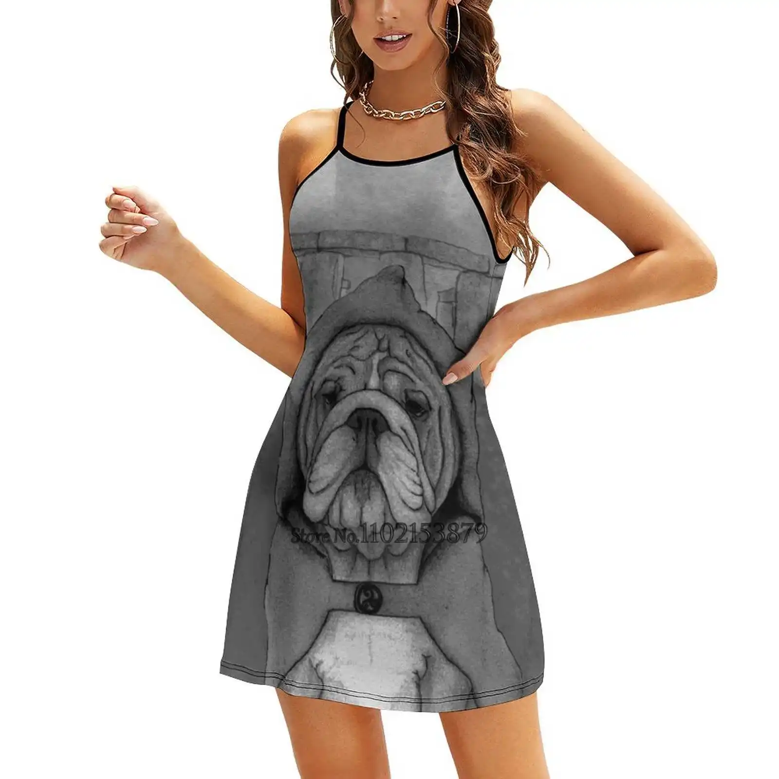 English Bulldog With Stonehenge ( Bw ) Multiple styles Dresses Square Neck Dress Fashion Printed Dress 6Xl Dog Animal