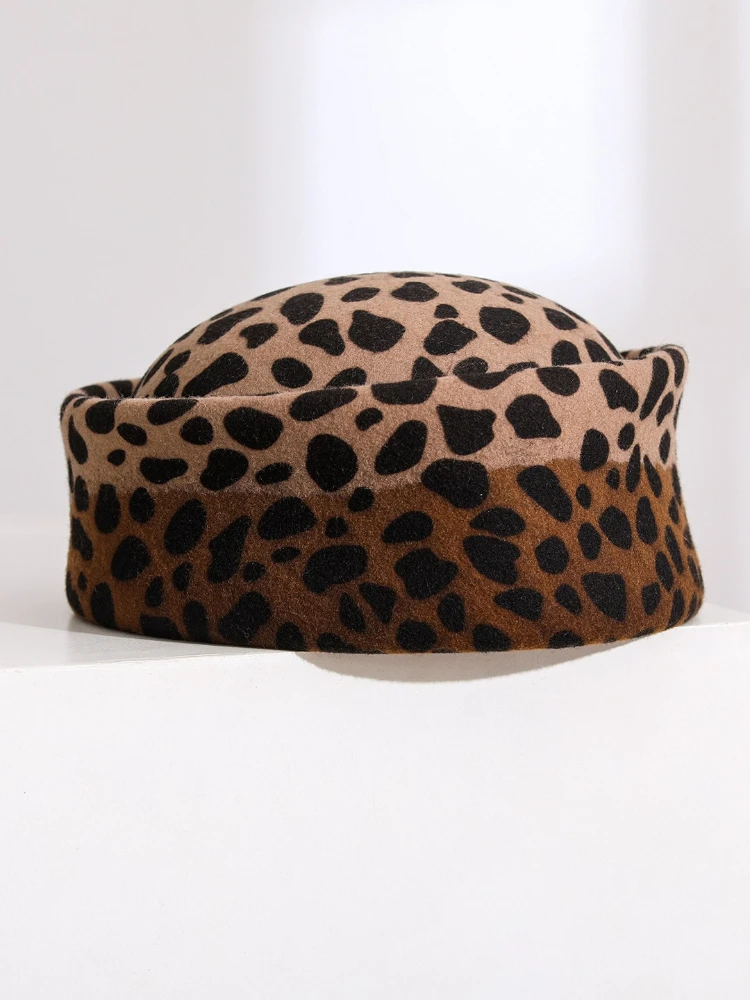 USPOP Women 100% Wool Leopard Pillbox Hat Gradient Animal Print Rounded Crown Autumn Winter Fashion Hat